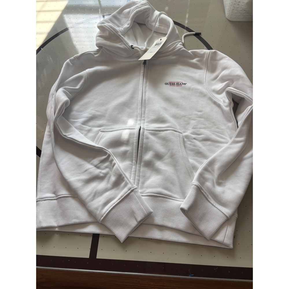 Guess Jeans Mens White Zip Up Hoodie American Tradition Logo S W4YQ13KC811